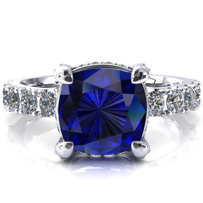 Grandeur Cushion Blue Sapphire 4 Prong Basket and Half Eternity Fire Ring-FIRE & BRILLIANCE