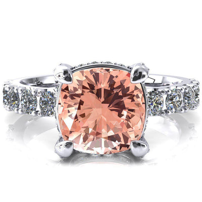 Grandeur Cushion Champagne Sapphire 4 Prong Basket and Half Eternity Fire Ring-FIRE & BRILLIANCE