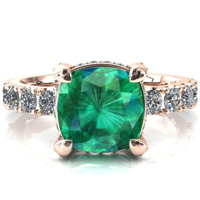 Grandeur Cushion Emerald 4 Prong Basket and Half Eternity Fire Ring-FIRE & BRILLIANCE