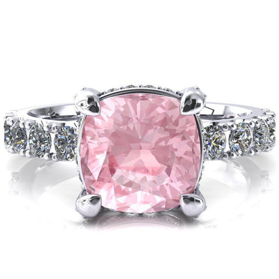 Grandeur Cushion Pink Sapphire 4 Prong Basket and Half Eternity Fire Ring-FIRE & BRILLIANCE
