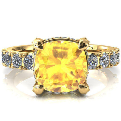 Grandeur Cushion Yellow Sapphire 4 Prong Basket and Half Eternity Fire Ring-FIRE & BRILLIANCE
