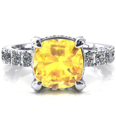 Grandeur Cushion Yellow Sapphire 4 Prong Basket and Half Eternity Fire Ring-FIRE & BRILLIANCE
