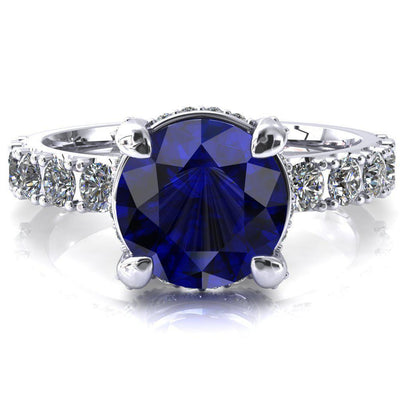 Grandeur Round Blue Sapphire 4 Prong Basket and Half Eternity Fire Ring-FIRE & BRILLIANCE