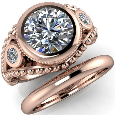 Guinevere Round Moissanite Full Bezel Split Shank Milgrain Engagement Ring-Custom-Made Jewelry-Fire & Brilliance ®