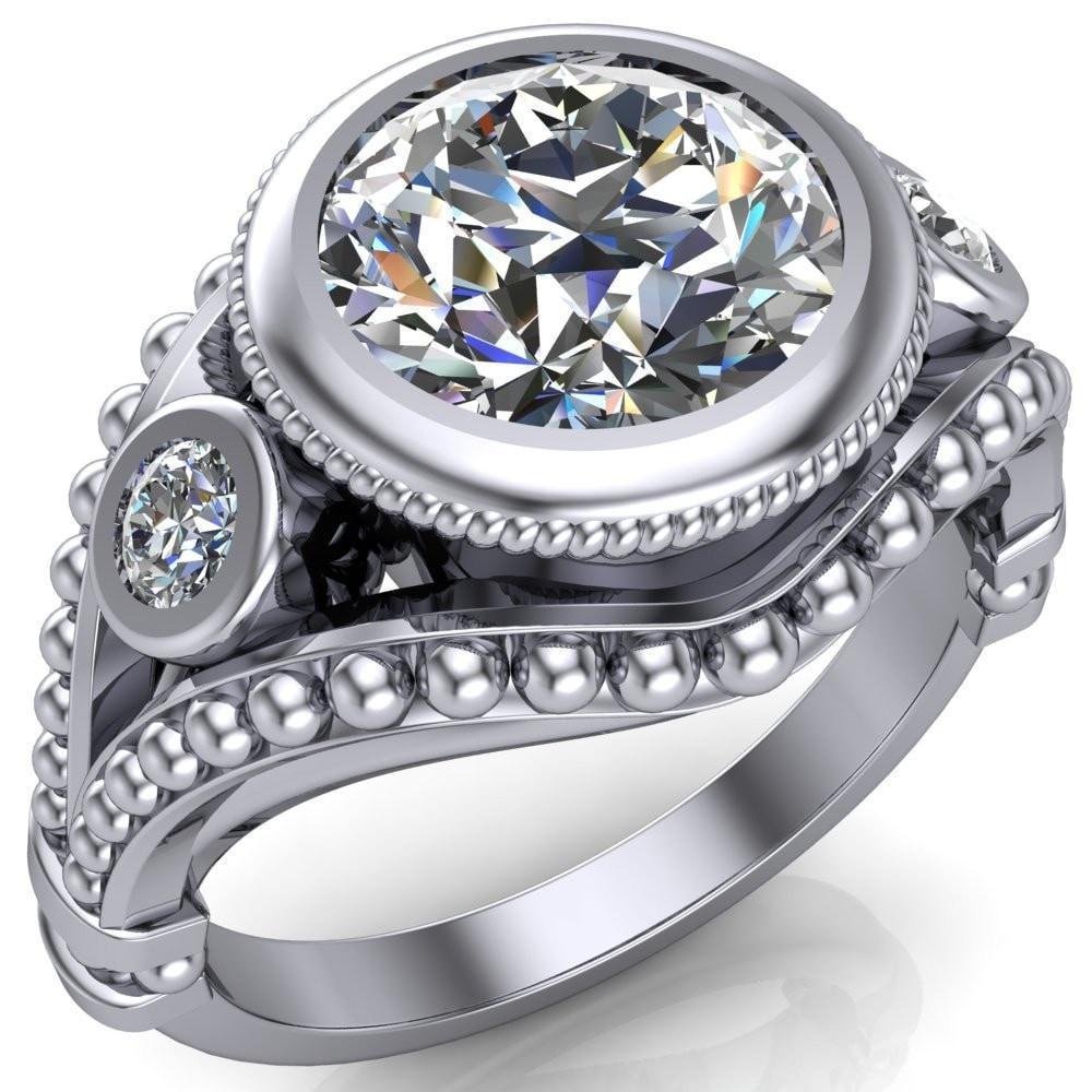 Guinevere Round Moissanite Full Bezel Split Shank Milgrain Engagement Ring-Custom-Made Jewelry-Fire & Brilliance ®