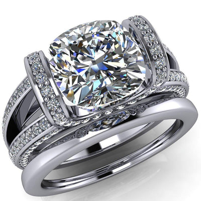 Harlow Cushion Moissanite Half Bezel Split Shank Diamond Channel Cathedral Ring-Custom-Made Jewelry-Fire & Brilliance ®