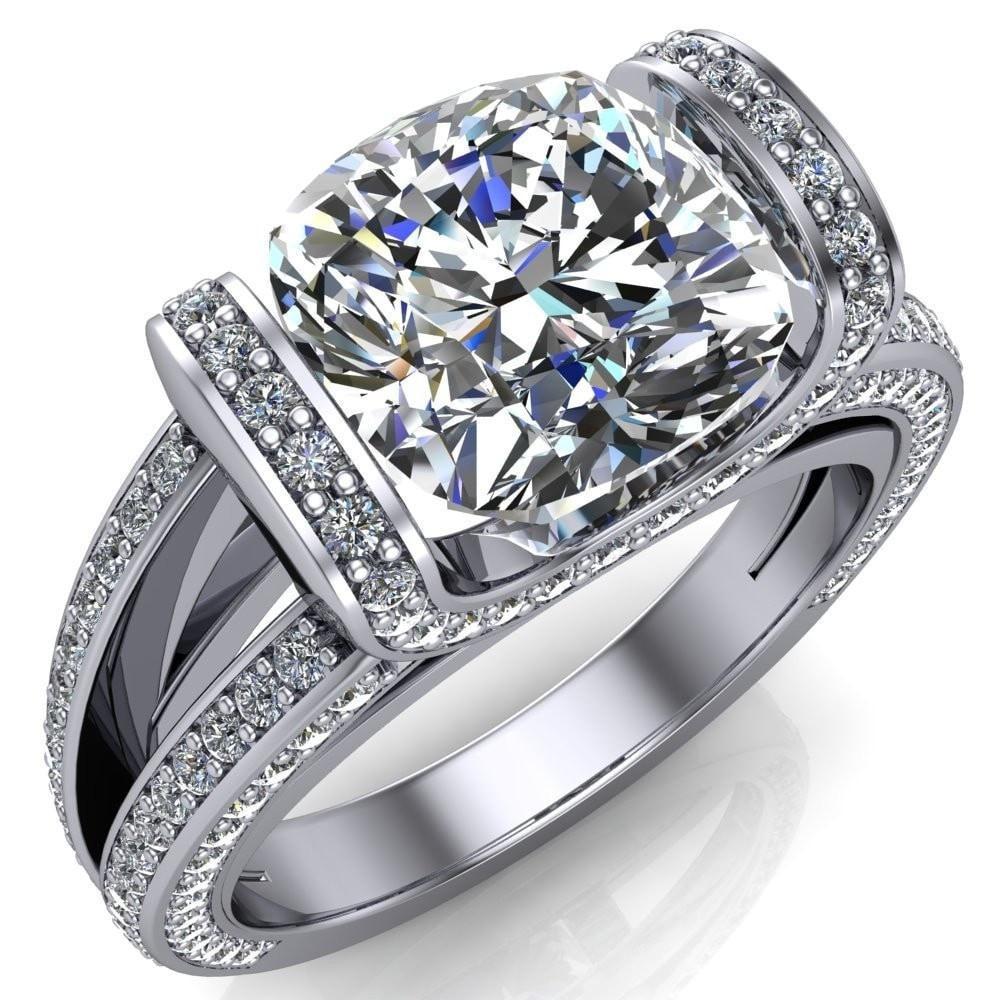 Harlow Cushion Moissanite Half Bezel Split Shank Diamond Channel Cathedral Ring-Custom-Made Jewelry-Fire & Brilliance ®