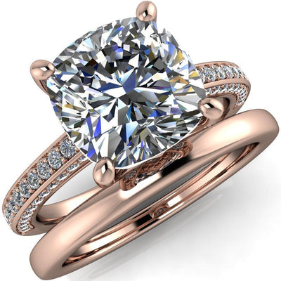 Harmon Cushion Moissanite 4 Prong Diamond Shank Engagement Ring-Custom-Made Jewelry-Fire & Brilliance ®