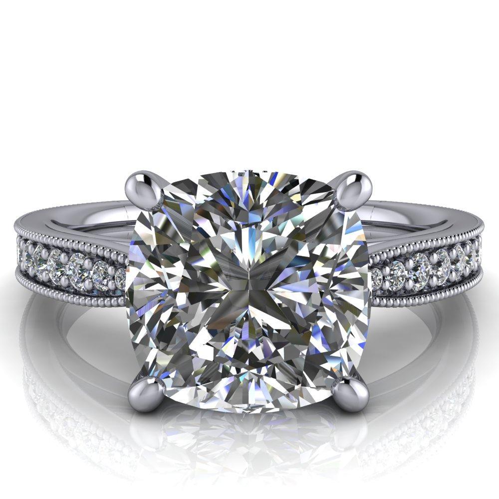 Hathaway Cushion Moissanite 4 Prong Milgrain Cathedral Engagement Ring-Custom-Made Jewelry-Fire & Brilliance ®