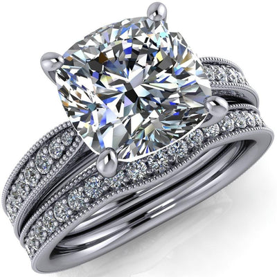 Hathaway Cushion Moissanite 4 Prong Milgrain Cathedral Engagement Ring-Custom-Made Jewelry-Fire & Brilliance ®