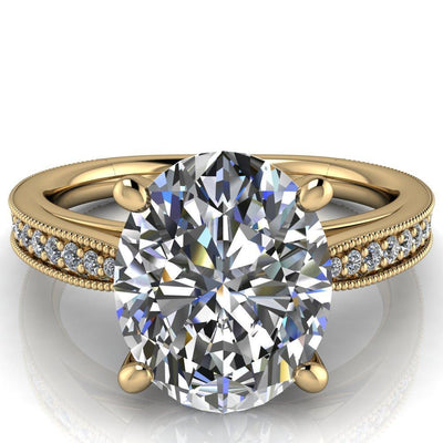 Hathaway Oval Moissanite 4 Prong Milgrain Cathedral Engagement Ring-Custom-Made Jewelry-Fire & Brilliance ®