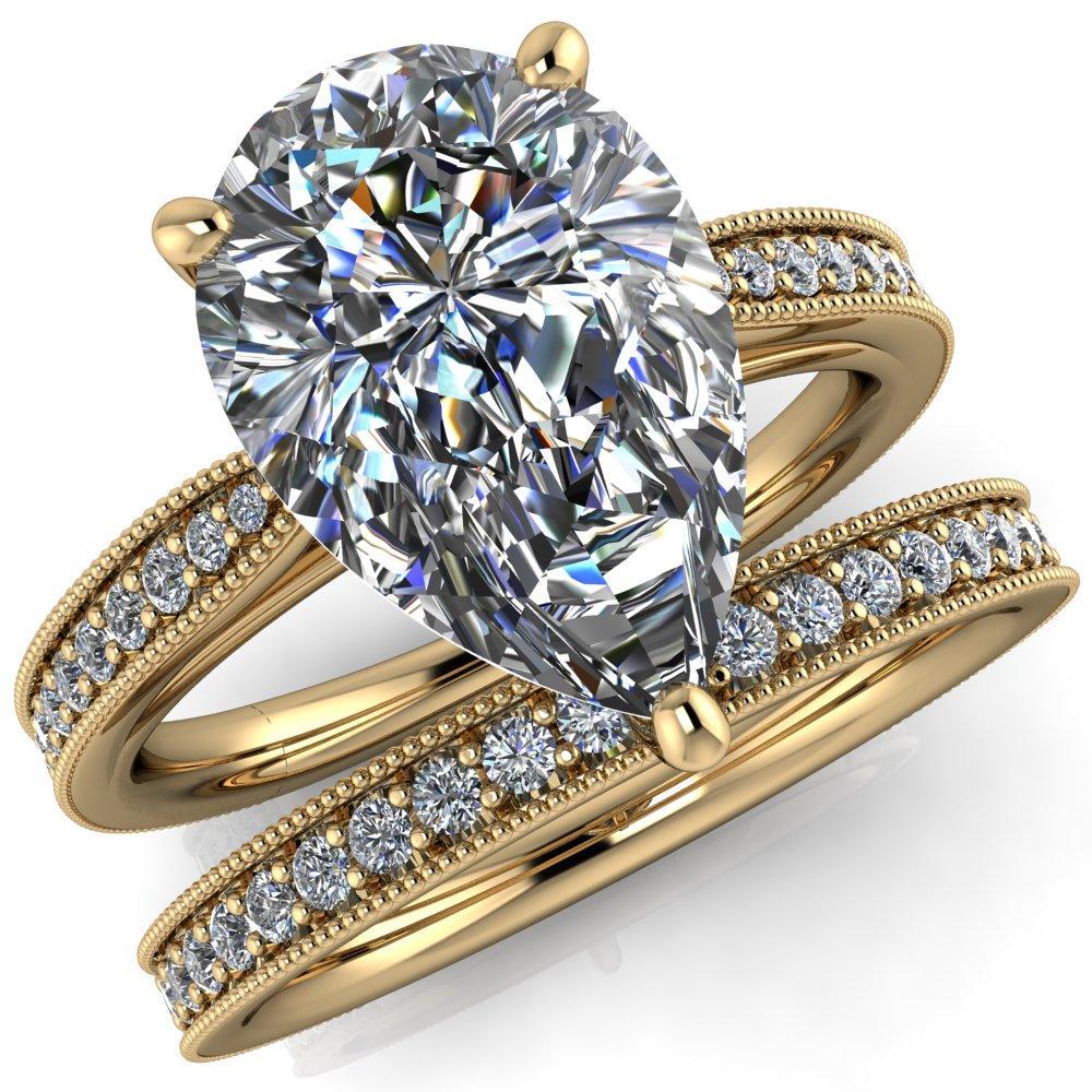 Hathaway Pear Moissanite 3 Prong Milgrain Cathedral Engagement Ring-Custom-Made Jewelry-Fire & Brilliance ®