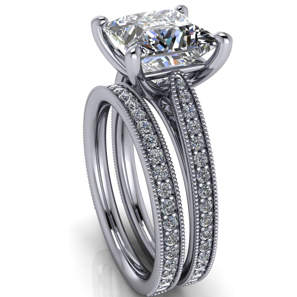 Hathaway Princess/Square Moissanite 4 Prong Milgrain Cathedral Engagement Ring-Custom-Made Jewelry-Fire & Brilliance ®