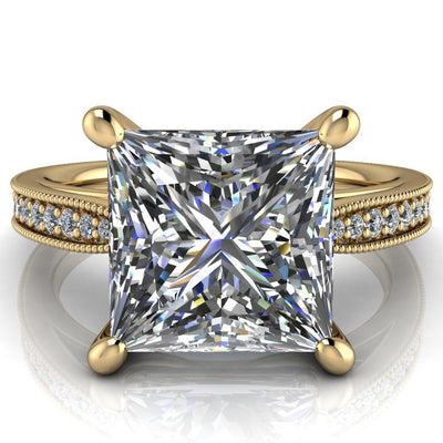 Hathaway Princess/Square Moissanite 4 Prong Milgrain Cathedral Engagement Ring-Custom-Made Jewelry-Fire & Brilliance ®