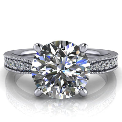 Hathaway Round Moissanite 4 Prong Milgrain Cathedral Engagement Ring-Custom-Made Jewelry-Fire & Brilliance ®