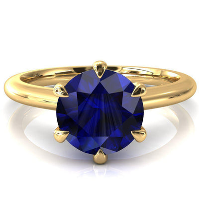 Hennie Round Blue Sapphire 6 Claw Prong High Shoulder Solitaire Ring-FIRE & BRILLIANCE