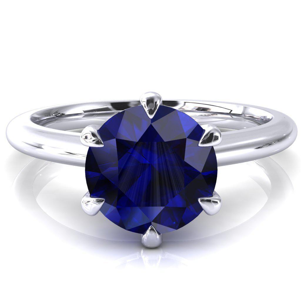 Hennie Round Blue Sapphire 6 Claw Prong High Shoulder Solitaire Ring-FIRE & BRILLIANCE