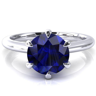 Hennie Round Blue Sapphire 6 Claw Prong High Shoulder Solitaire Ring-FIRE & BRILLIANCE