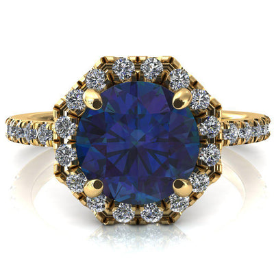 Henrietta Round Alexandrite 4 Prong Halo 3/4 Micropave Engagement Ring-FIRE & BRILLIANCE