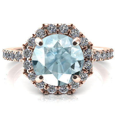 Henrietta Round Aqua Blue Spinel 4 Prong Halo 3/4 Micropave Engagement Ring-FIRE & BRILLIANCE