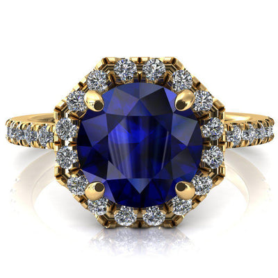 Henrietta Round Blue Sapphire 4 Prong Halo 3/4 Micropave Engagement Ring-FIRE & BRILLIANCE