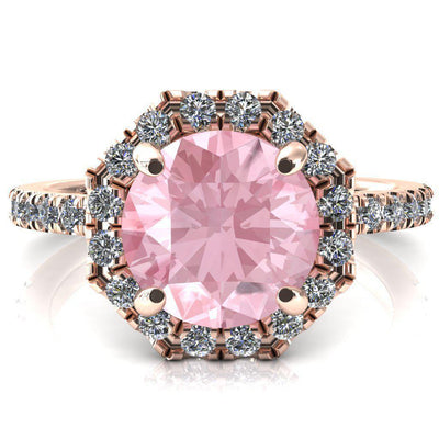 Henrietta Round Pink Sapphire 4 Prong Halo 3/4 Micropave Engagement Ring-FIRE & BRILLIANCE