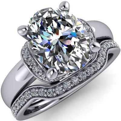 Hepburn Oval Moissanite 4 Prong Low Set Halo Engagement Ring-Custom-Made Jewelry-Fire & Brilliance ®