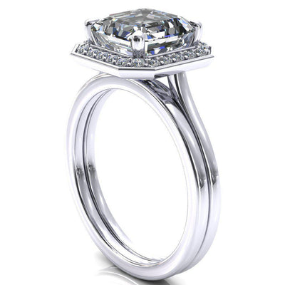 Holly Asscher Moissanite 4 Prong Pinpoint Floating Halo Scalloped Cathedral Ring-FIRE & BRILLIANCE