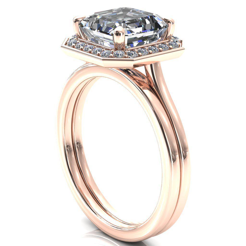 Holly Asscher Moissanite 4 Prong Pinpoint Floating Halo Scalloped Cathedral Ring-FIRE & BRILLIANCE