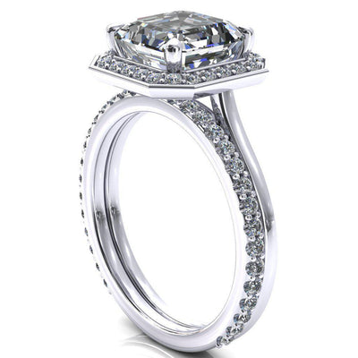 Holly Asscher Moissanite 4 Prong Pinpoint Floating Halo Scalloped Cathedral Ring-FIRE & BRILLIANCE