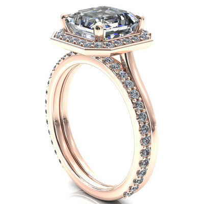 Holly Asscher Moissanite 4 Prong Pinpoint Floating Halo Scalloped Cathedral Ring-FIRE & BRILLIANCE