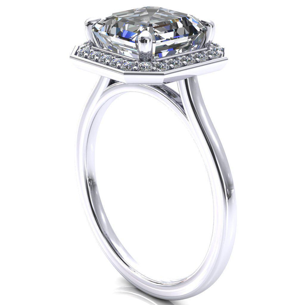 Holly Asscher Moissanite 4 Prong Pinpoint Floating Halo Scalloped Cathedral Ring-FIRE & BRILLIANCE