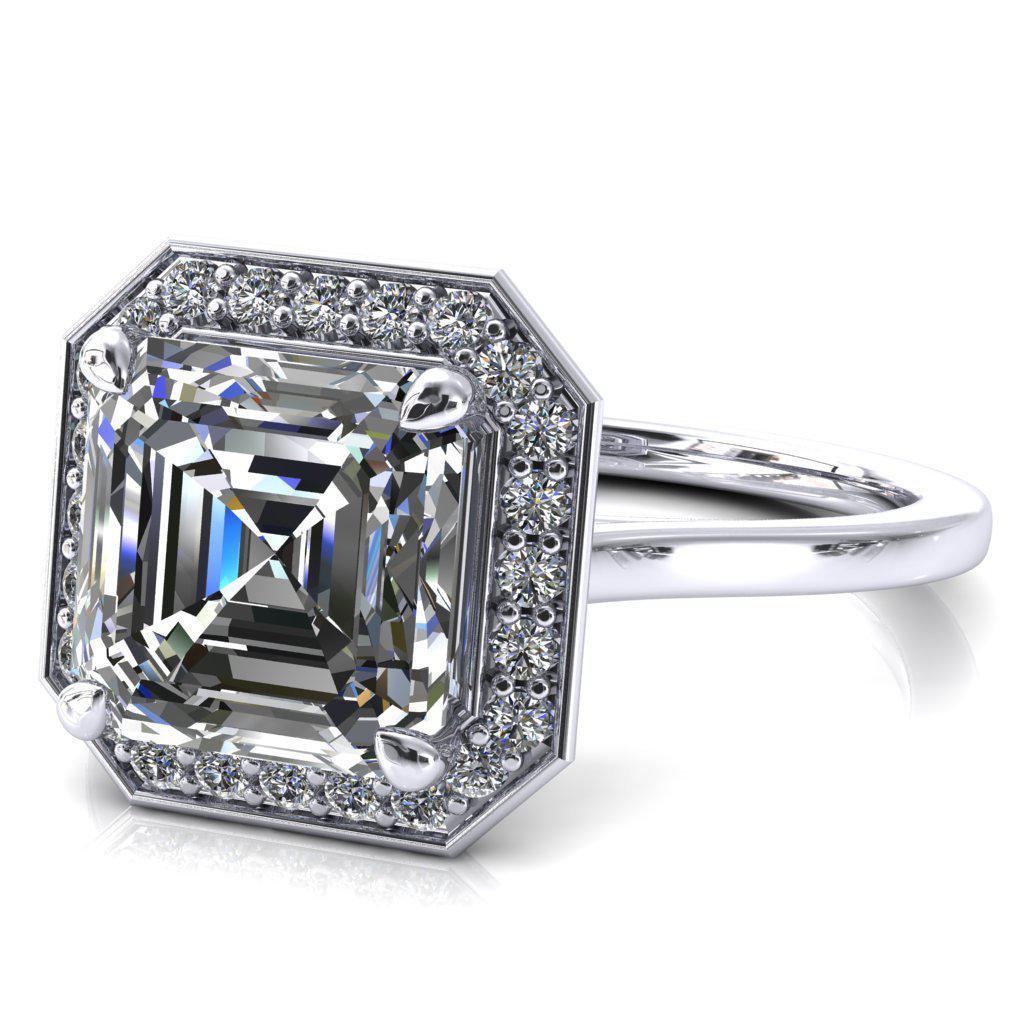 Holly Asscher Moissanite 4 Prong Pinpoint Floating Halo Scalloped Cathedral Ring-FIRE & BRILLIANCE