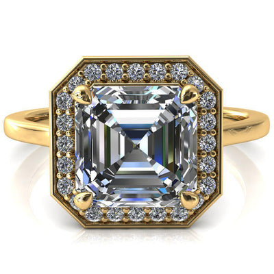 Holly Asscher Moissanite 4 Prong Pinpoint Floating Halo Scalloped Cathedral Ring-FIRE & BRILLIANCE