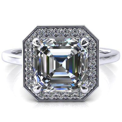 Holly Asscher Moissanite 4 Prong Pinpoint Floating Halo Scalloped Cathedral Ring-FIRE & BRILLIANCE