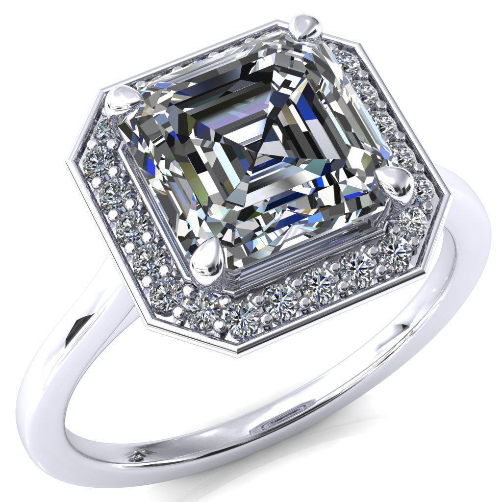 Holly Asscher Moissanite 4 Prong Pinpoint Floating Halo Scalloped Cathedral Ring-FIRE & BRILLIANCE