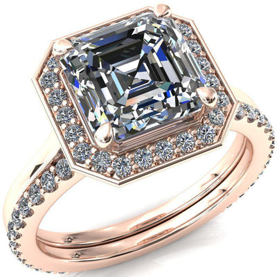 Holly Asscher Moissanite 4 Prong Pinpoint Floating Halo Scalloped Cathedral Ring-FIRE & BRILLIANCE