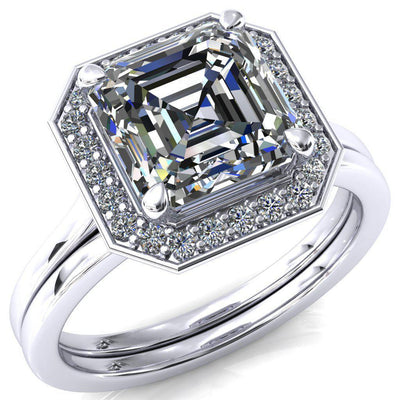 Holly Asscher Moissanite 4 Prong Pinpoint Floating Halo Scalloped Cathedral Ring-FIRE & BRILLIANCE