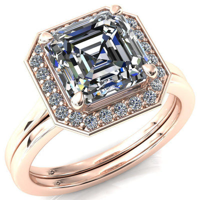 Holly Asscher Moissanite 4 Prong Pinpoint Floating Halo Scalloped Cathedral Ring-FIRE & BRILLIANCE