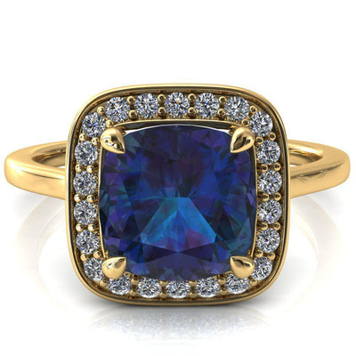 Holly Cushion Alexandrite 4 Prong Pinpoint Floating Halo Scalloped Cathedral Ring-FIRE & BRILLIANCE