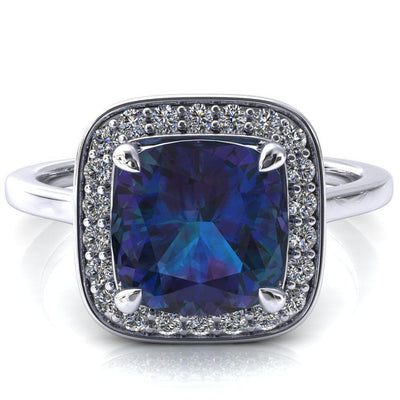 Holly Cushion Alexandrite 4 Prong Pinpoint Floating Halo Scalloped Cathedral Ring-FIRE & BRILLIANCE