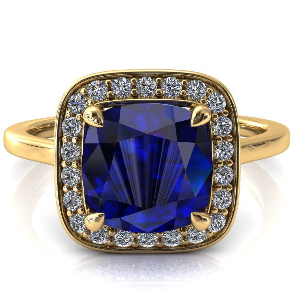 Holly Cushion Blue Sapphire 4 Prong Pinpoint Floating Halo Scalloped Cathedral Ring-FIRE & BRILLIANCE