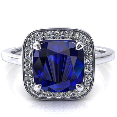 Holly Cushion Blue Sapphire 4 Prong Pinpoint Floating Halo Scalloped Cathedral Ring-FIRE & BRILLIANCE
