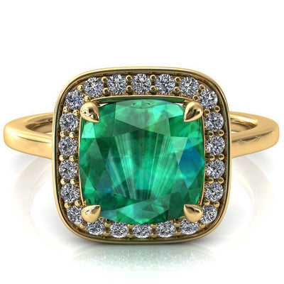 Holly Cushion Emerald 4 Prong Pinpoint Floating Halo Scalloped Cathedral Ring-FIRE & BRILLIANCE