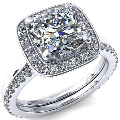 Holly Cushion Moissanite 4 Prong Pinpoint Floating Halo Scalloped Cathedral Ring-FIRE & BRILLIANCE