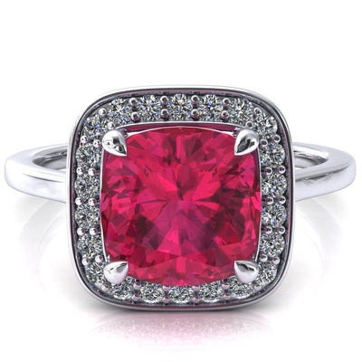 Holly Cushion Ruby 4 Prong Pinpoint Floating Halo Scalloped Cathedral Ring-FIRE & BRILLIANCE