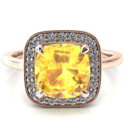 Holly Cushion Yellow Sapphire 4 Prong Pinpoint Floating Halo Scalloped Cathedral Ring-FIRE & BRILLIANCE