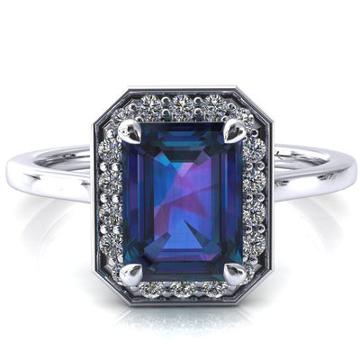 Holly Emerald Alexandrite 4 Prong Pinpoint Floating Halo Scalloped Cathedral Ring-FIRE & BRILLIANCE