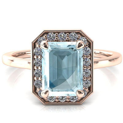 Holly Emerald Aqua Blue Spinel 4 Prong Pinpoint Floating Halo Scalloped Cathedral Ring-FIRE & BRILLIANCE