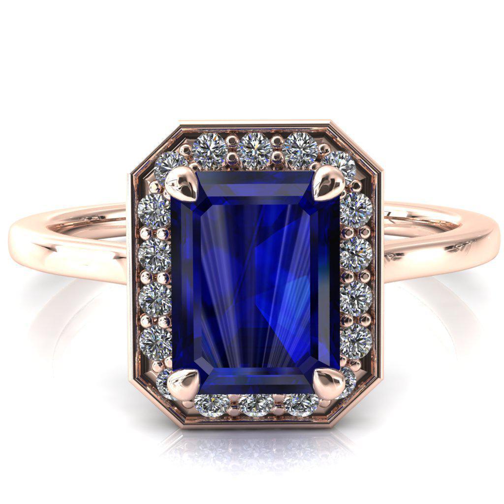 Holly Emerald Blue Sapphire 4 Prong Pinpoint Floating Halo Scalloped Cathedral Ring-FIRE & BRILLIANCE